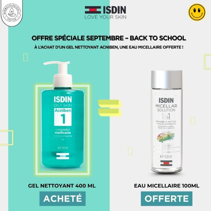 ISDIN OFFRE WEB ACNIBEN 1 GEL NETTOYANT MATIFIANT 400 ML + EAU MICELLAIRE 100ML OFFERTE