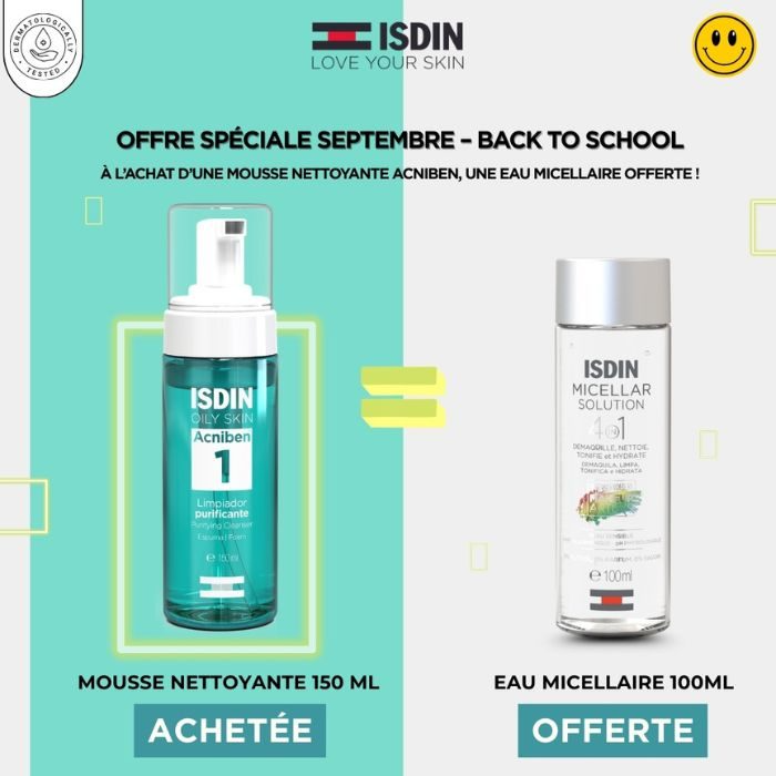 ISDIN OFFRE WEB TEEN SKIN ACNIBEN 1 NETTOYANT PURIFIANT 150 ML + EAU MICELLAIRE 100ML OFFERTE